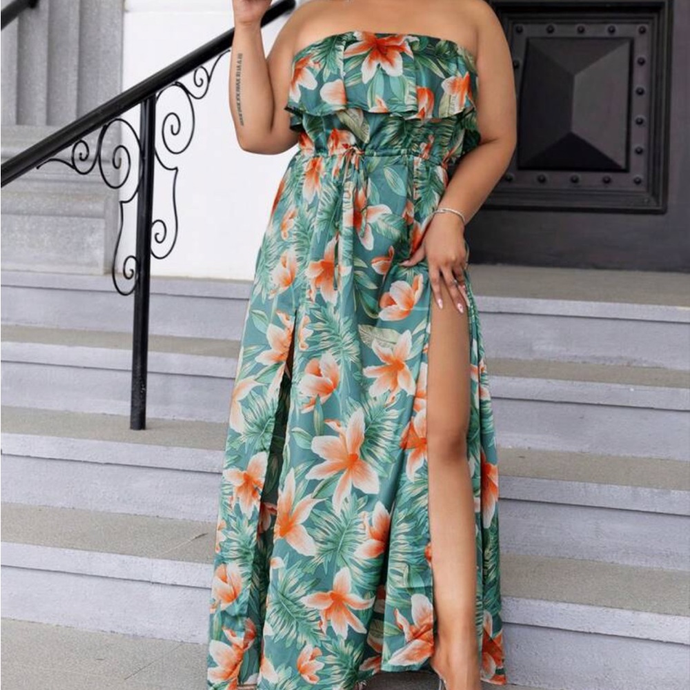 Joyfunear Plus Tropical Print Split Thigh Tube Dress